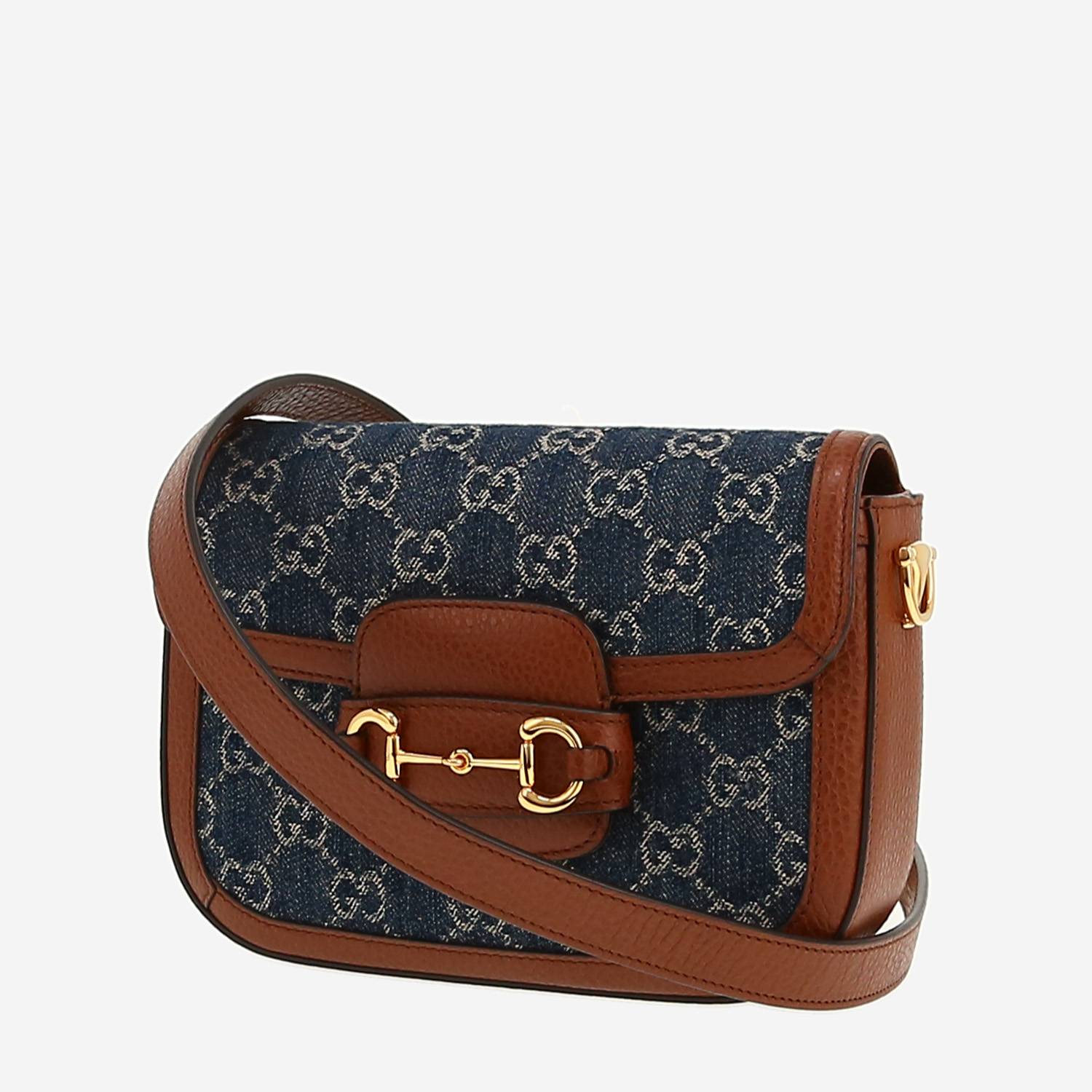 Bolso bandolera Gucci  1955 Horsebit mini  en lona denim Monogram azul y cuero marrón