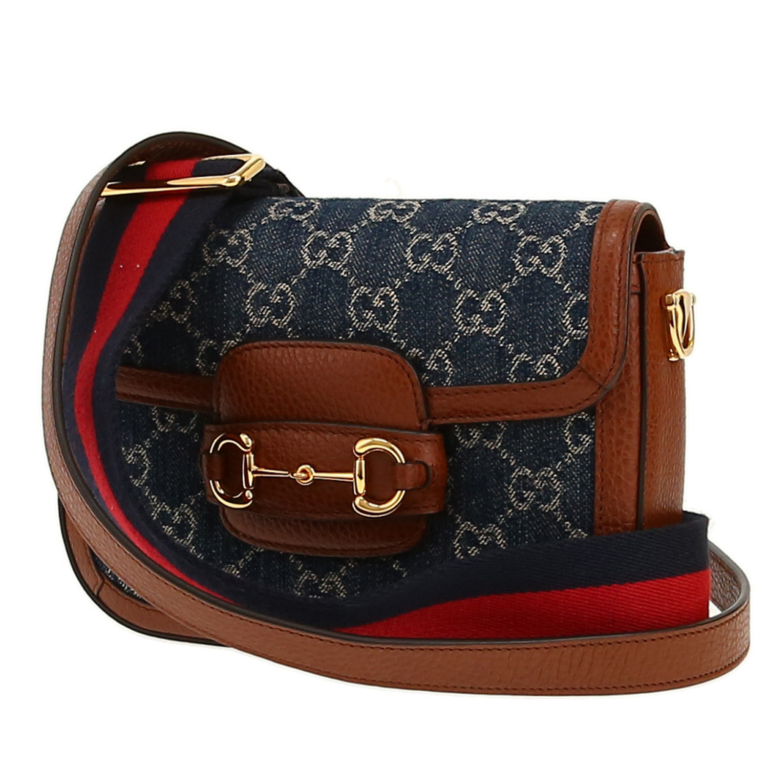 Sac bandoulière Gucci  1955 Horsebit mini  en toile denim monogrammée bleue et cuir marron - Detail D4