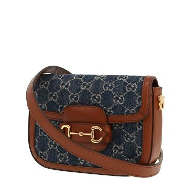 Sac bandoulière Gucci  1955 Horsebit mini  en toile denim monogrammée bleue et cuir marron