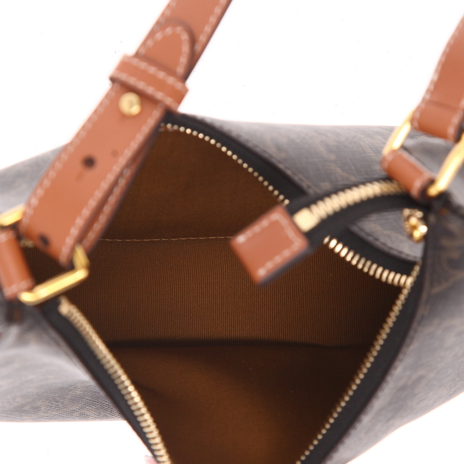 Sac à main Celine  Ava moyen modèle  en toile Triomphe beige et cuir marron - Detail D3