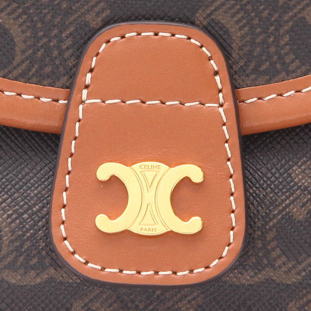 Celine  Folco mini  shoulder bag  in brown "Triomphe" canvas  and brown leather - Detail D2