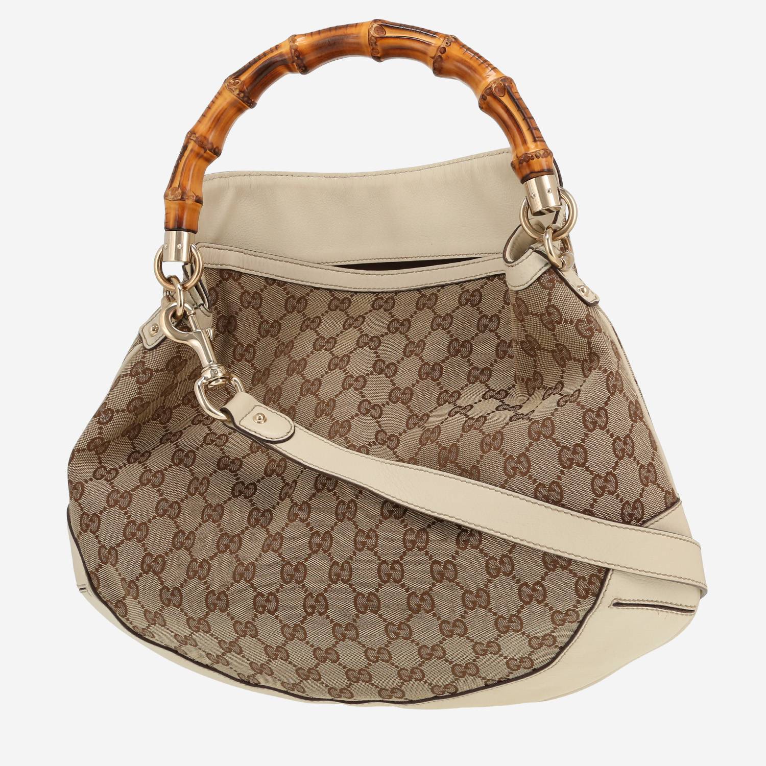 Bolso de mano Gucci  Bamboo en tejido "sûpreme GG" beige y cuero blanco