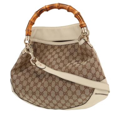 Borsa Gucci  Bamboo in tela "sûpreme GG" beige e pelle bianca