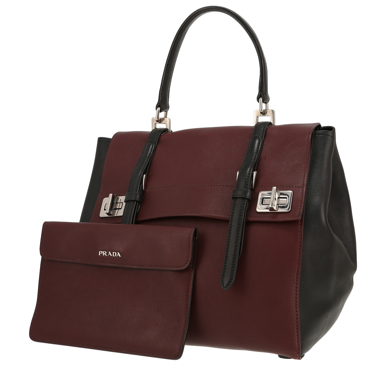 Prada  Double Turn Lock handbag  in burgundy and black leather - Detail D4