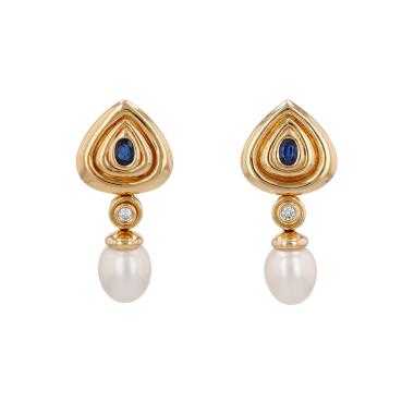 Paire de pendants d'oreilles articulée Vintage en or jaune, saphir, diamant et perle de culture