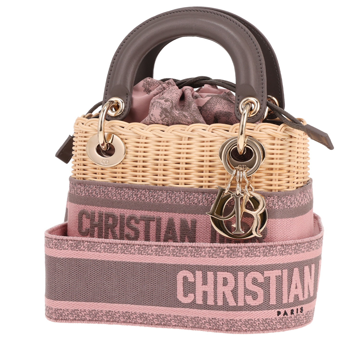 Sac à main Dior  Lady Dior en osier beige et cuir gris - Detail D4