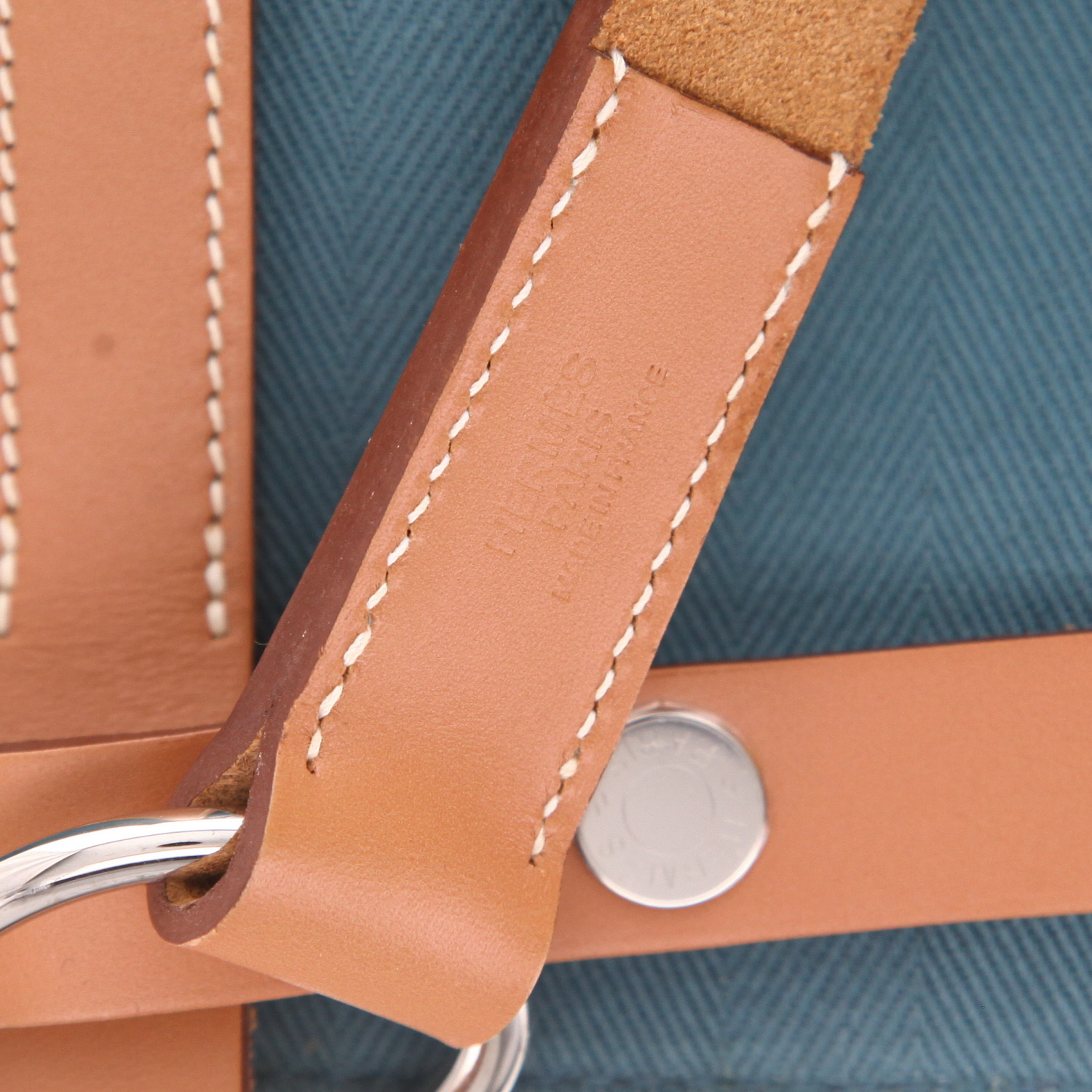 Shopping bag Hermès  Cavalicol in tela blu e mucca Hunter - Detail D2