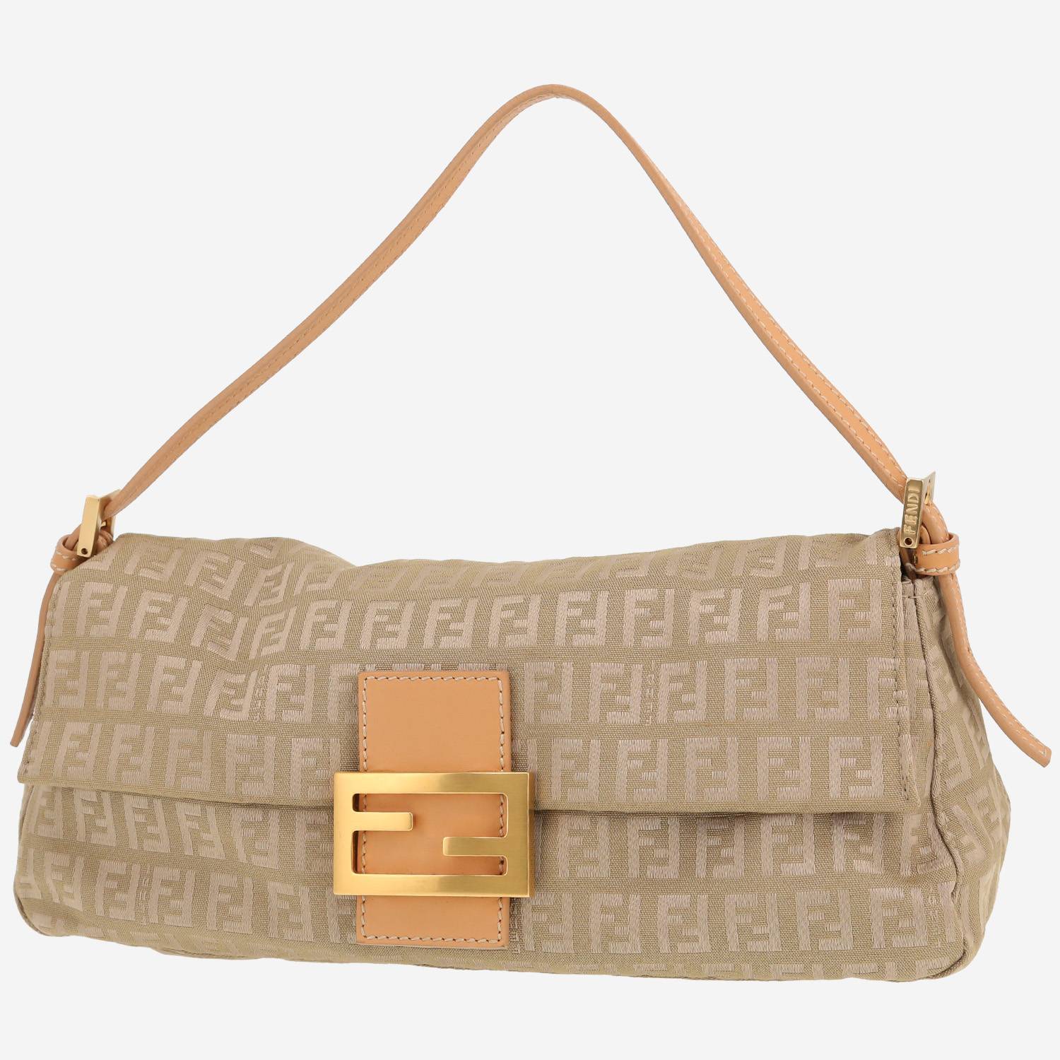 Borsa Fendi  Baguette in tela siglata beige e pelle marrone
