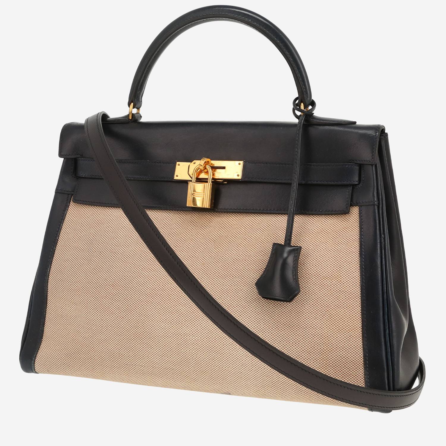 Sac à main Hermès  Kelly 32 cm en cuir box bleu-marine et toile beige