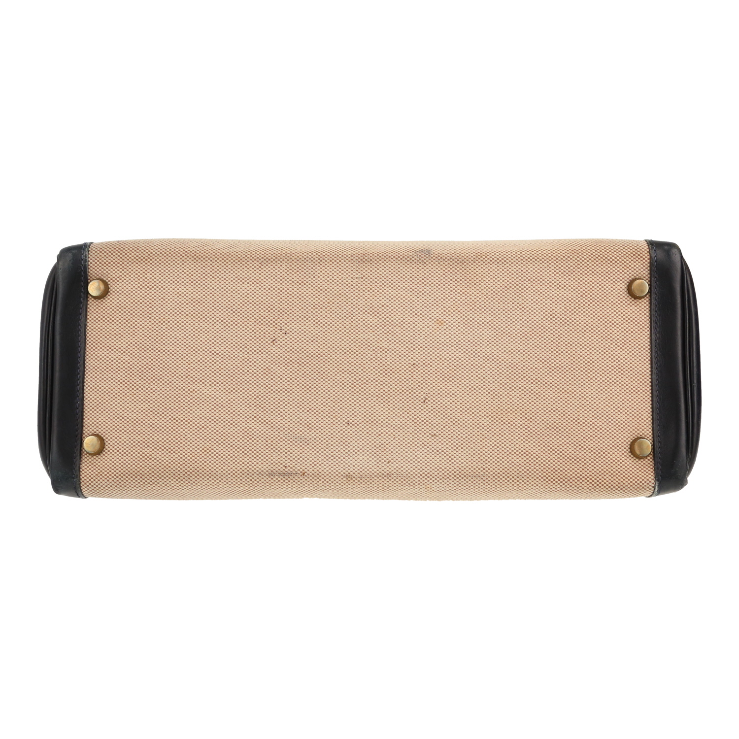 Hermès  Kelly 32 cm handbag  in navy blue box leather  and beige canvas - Detail D1