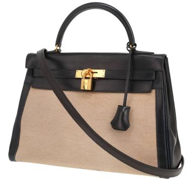 Bolso de mano Hermès  Kelly 32 cm en cuero box azul marino y lona beige