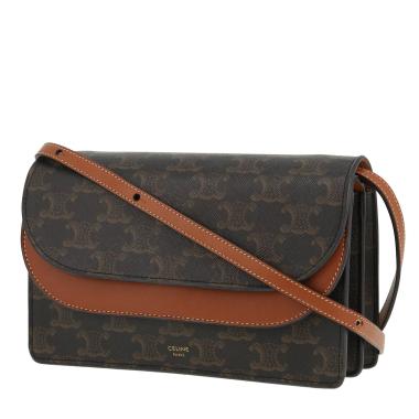 Celine  Wallet On Strap shoulder bag  in brown "Triomphe" canvas  and brown leather