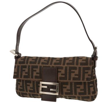 Bolso Fendi Baguette de lona marrón con el logotipo y piel marrón