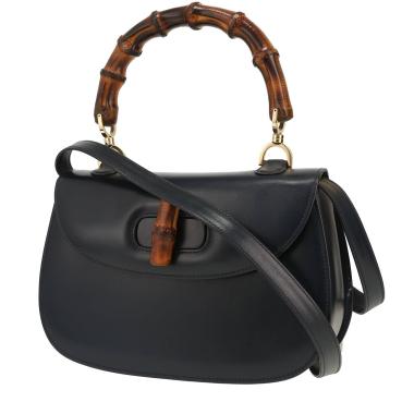 Gucci  Bamboo shoulder bag  in navy blue leather  and bamboo