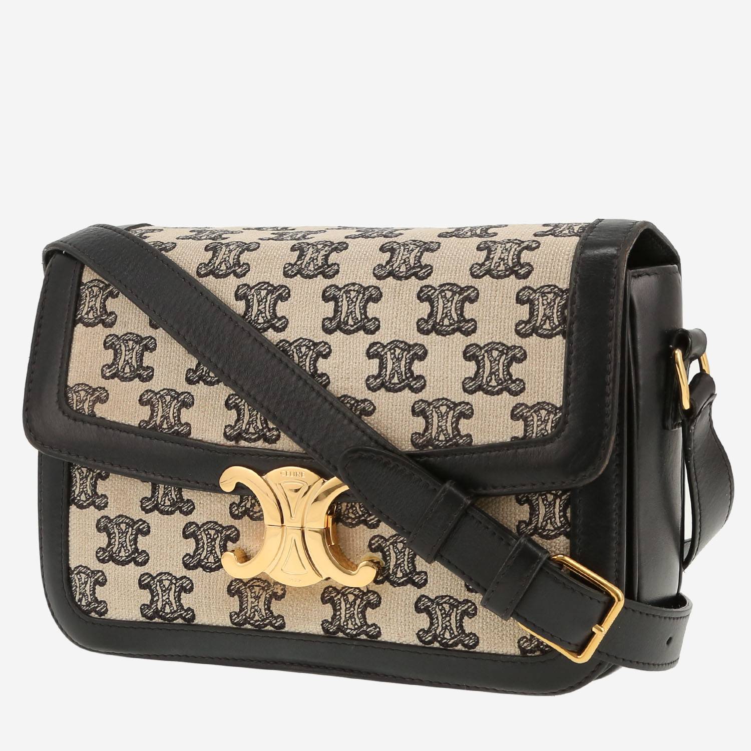 Bolso bandolera Celine  Triomphe en tejido "Triomphe" beige y negro y cuero negro
