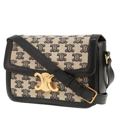 Borsa a tracolla Celine  Triomphe in tela "Triomphe" beige e nera e pelle nera