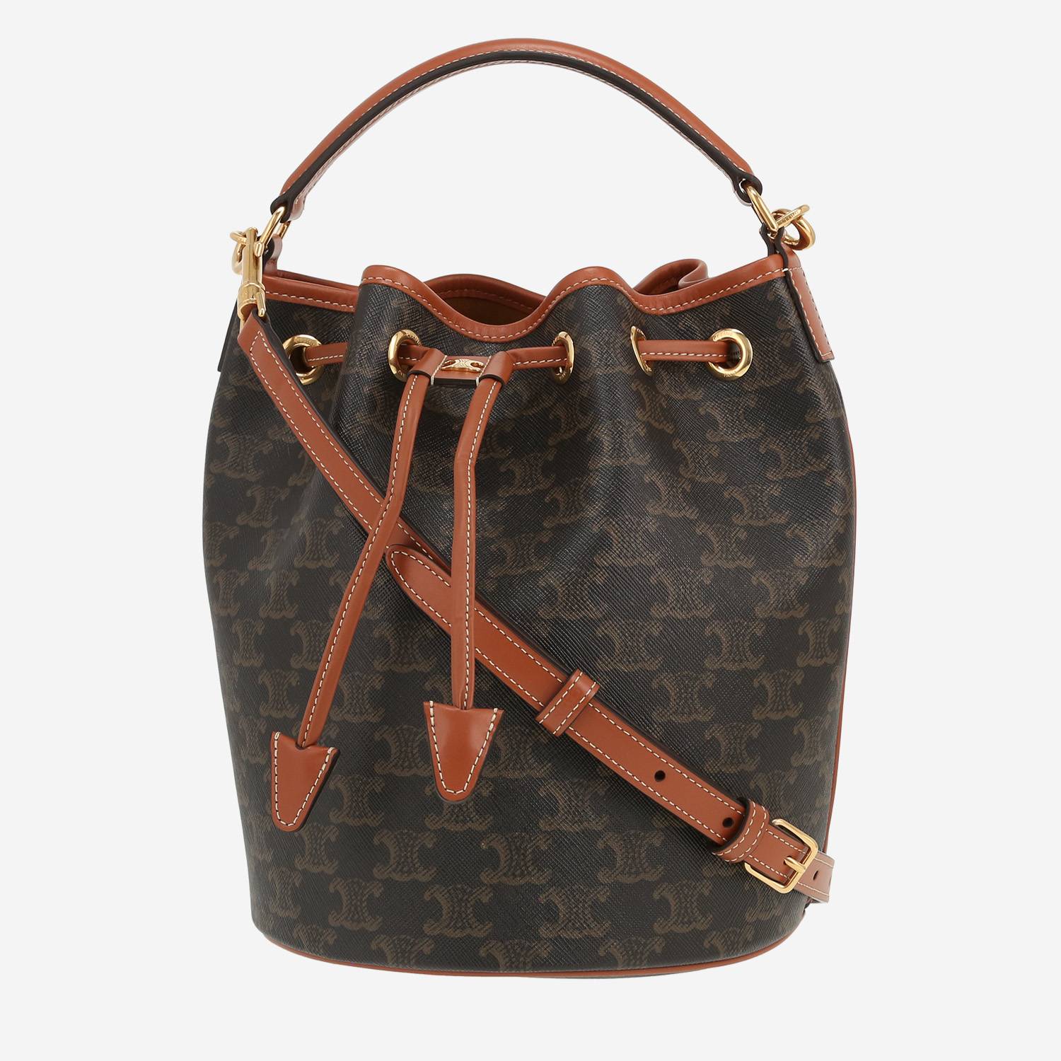 Bolso bandolera Celine  Seau en tejido "Triomphe" marrón y cuero marrón