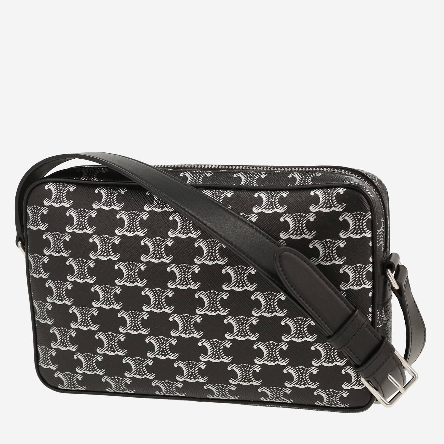 Borsa a tracolla Celine   in tela "Triomphe" nera e bianca e pelle nera