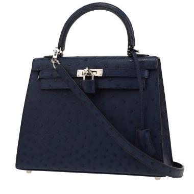 Bolso de mano Hermès  Kelly 25 cm en avestruz azul