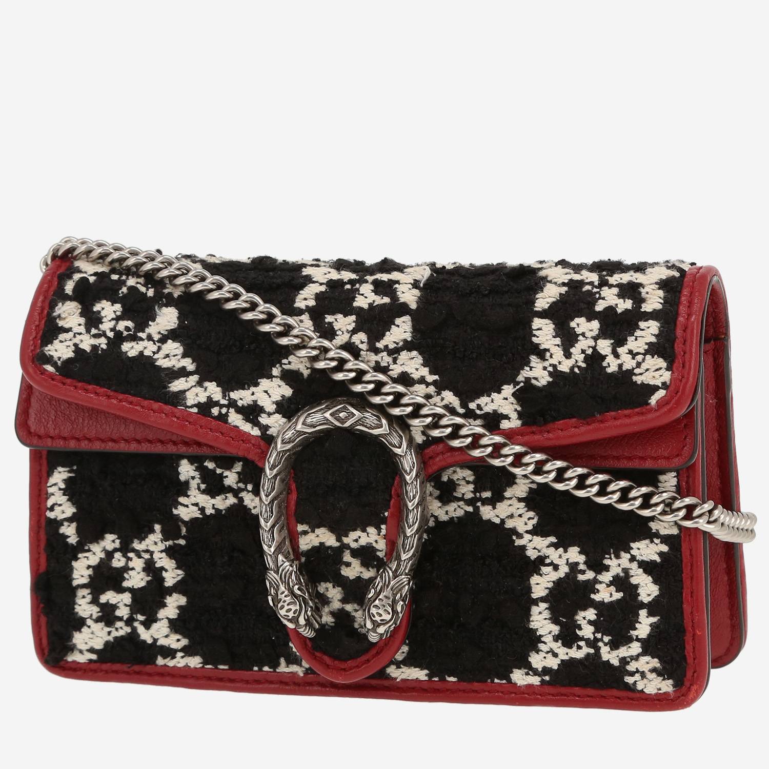 Borsa a tracolla Gucci  Dionysus mini  in tela nera e bianca e pelle bordeaux