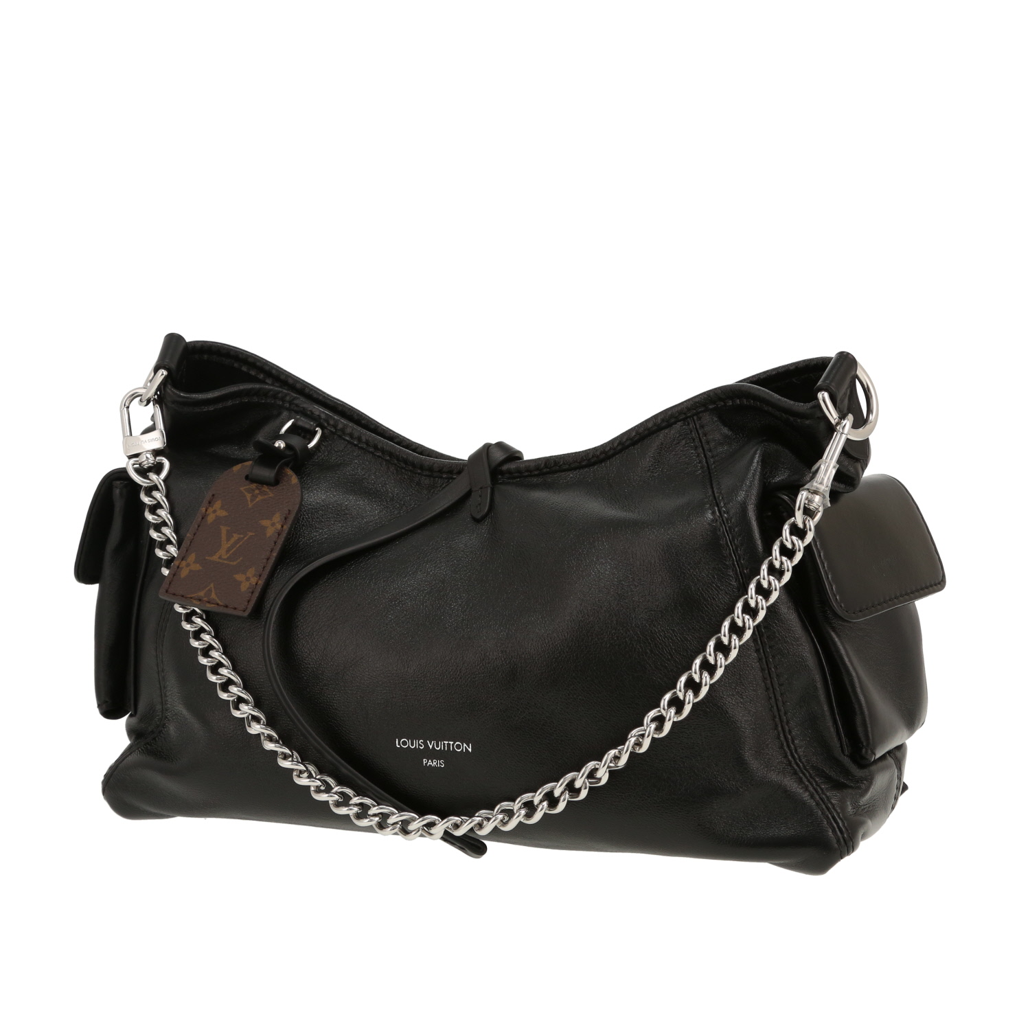 Bolso bandolera Louis Vuitton  Carryall en cuero negro y lona Monogram marrón - Detail D4