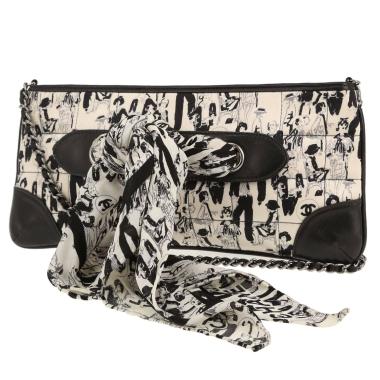 Chanel   handbag  in black and white silk  and black leather