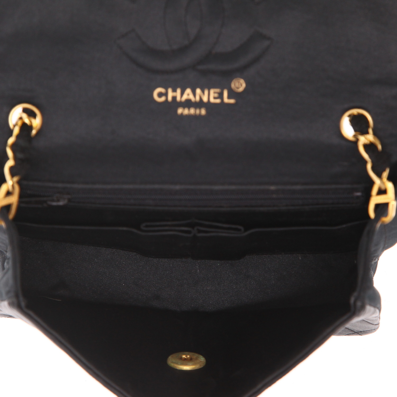Chanel  Timeless Mini Carré shoulder bag  in black satin - Detail D3