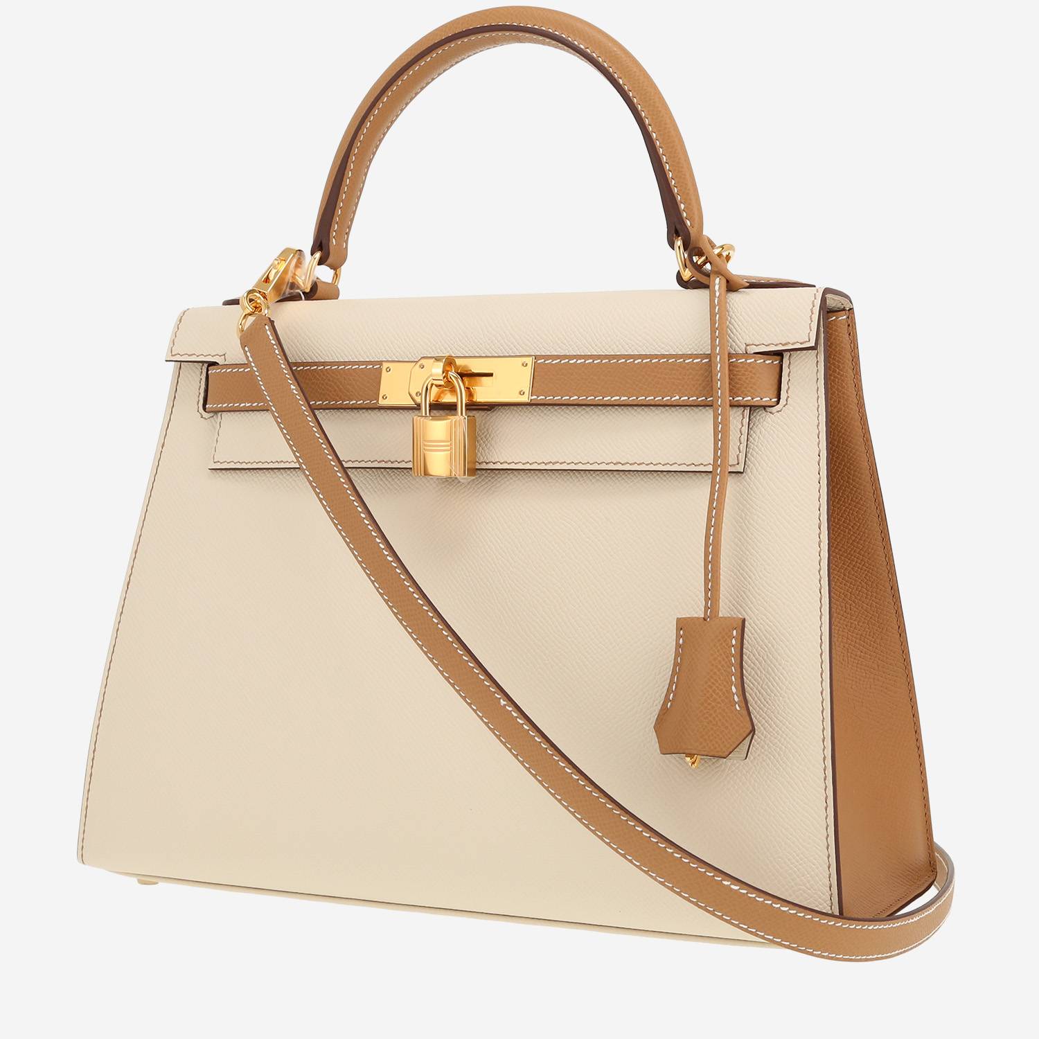 Bolso de mano Hermès  Kelly 28 cm en cuero epsom Craie y color oro