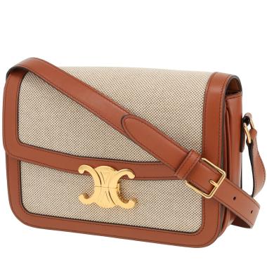 Celine Triomphe shoulder bag in beige canvas and brown leather