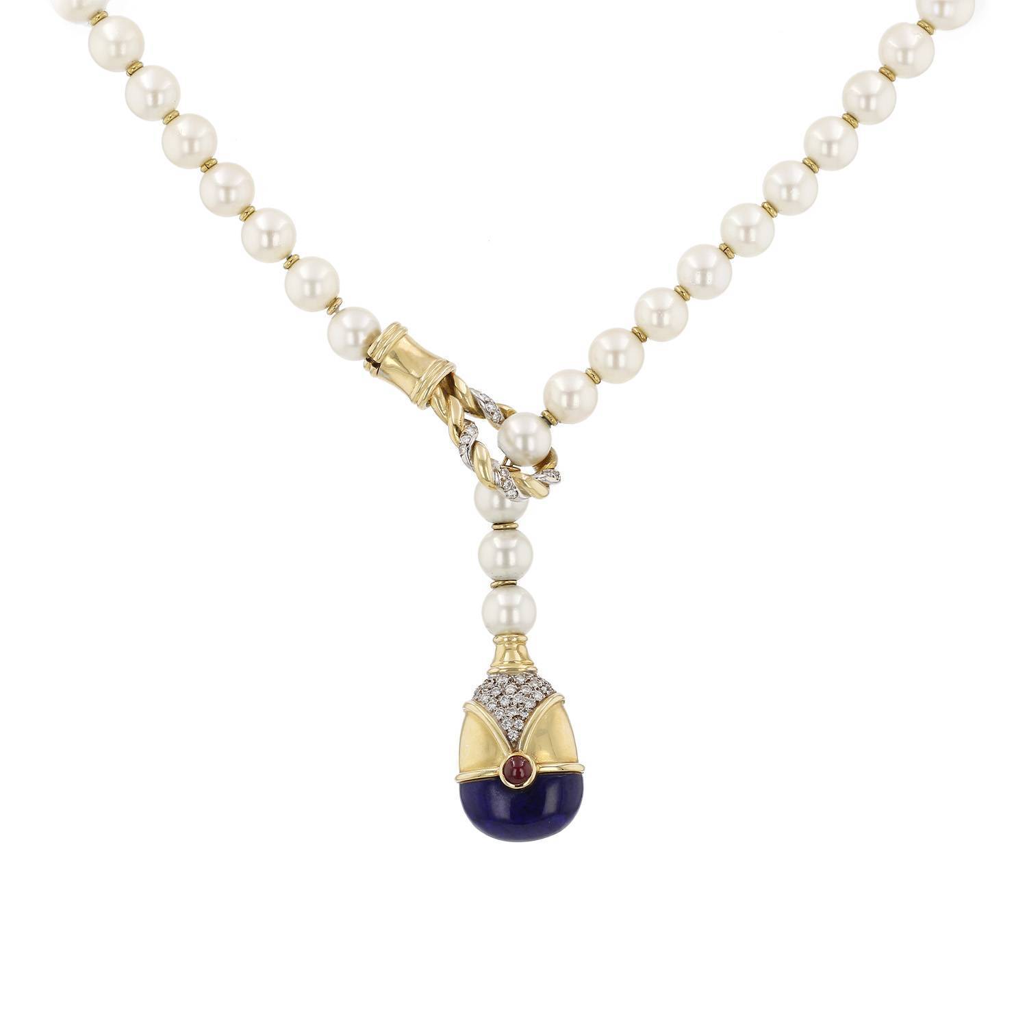 Collier Vintage en or jaune, perles de culture, lapis-lazuli, diamants