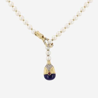 Vintage necklace in yellow gold, cultured pearls, lapis-lazuli, diamonds and rubies
