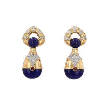 Paire de clips d'oreilles Vintage en or jaune, lapis-lazuli, diamants et rubis