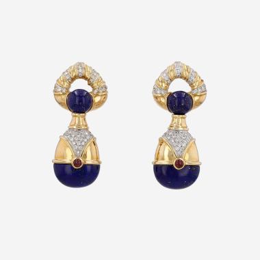 Vintage  earrings for non pierced ears in yellow gold, lapis-lazuli, diamonds and rubies