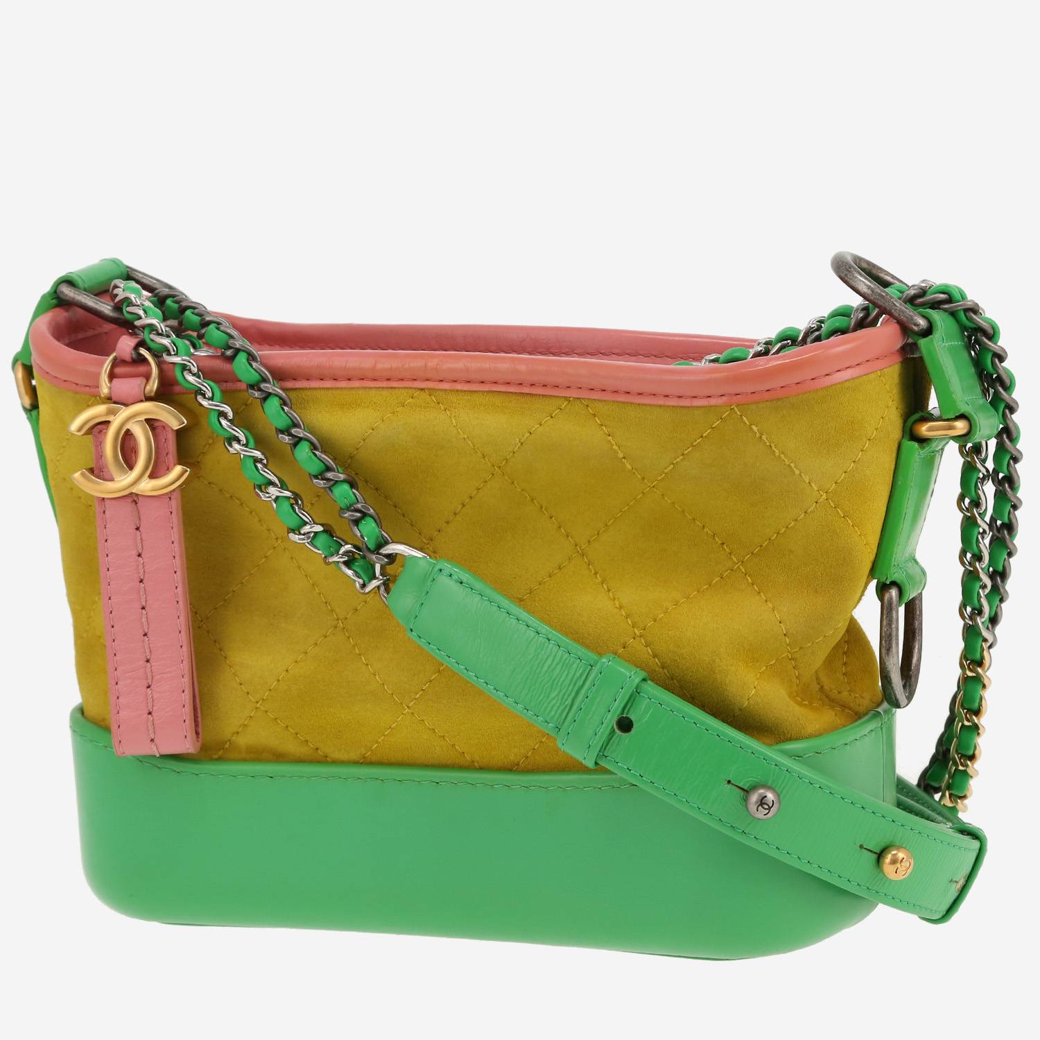 Borsa a tracolla Chanel  Gabrielle  modello piccolo  in pelle verde e rosa e Veau velours giallo