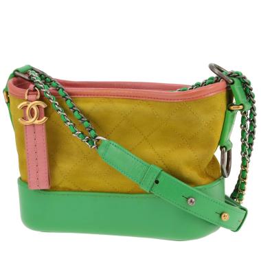 Borsa a tracolla Chanel  Gabrielle  modello piccolo  in pelle verde e rosa e Veau velours giallo