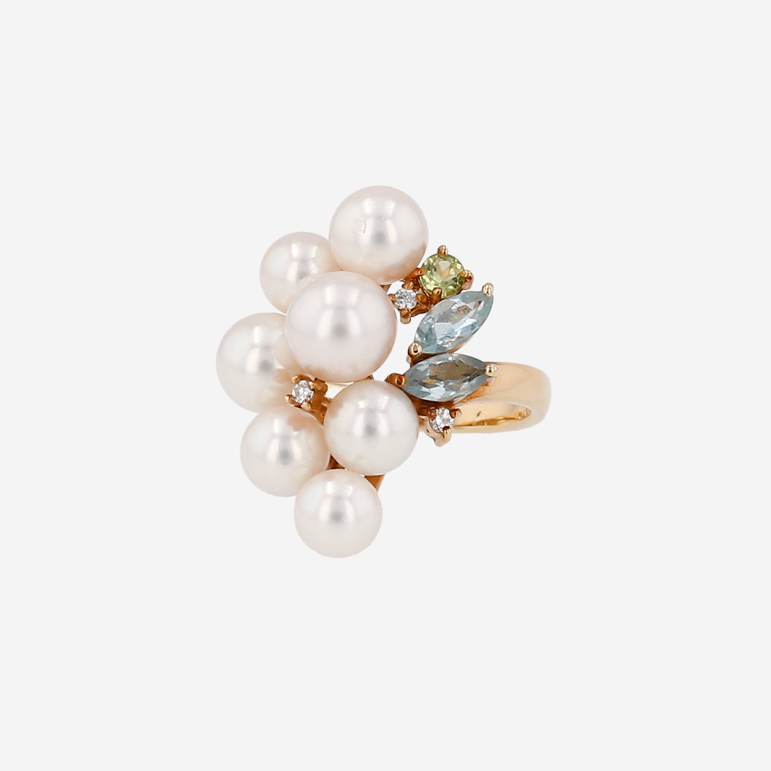 Tasaki  ring in yellow gold, cultured pearls and colored stones