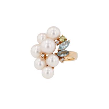 Tasaki  ring in yellow gold, cultured pearls and colored stones