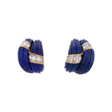 Paire de clips d'oreilles années 1970 Cartier  en or jaune, diamants et lapis-lazuli