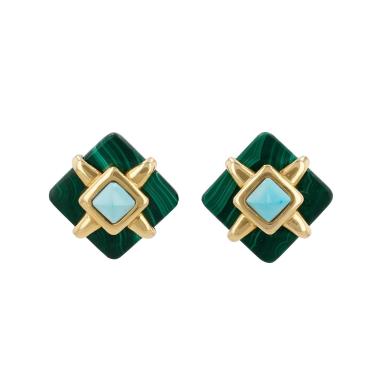 Paire de clips d'oreilles Cartier Aldo Cipullo en or jaune, malachite et turquoise