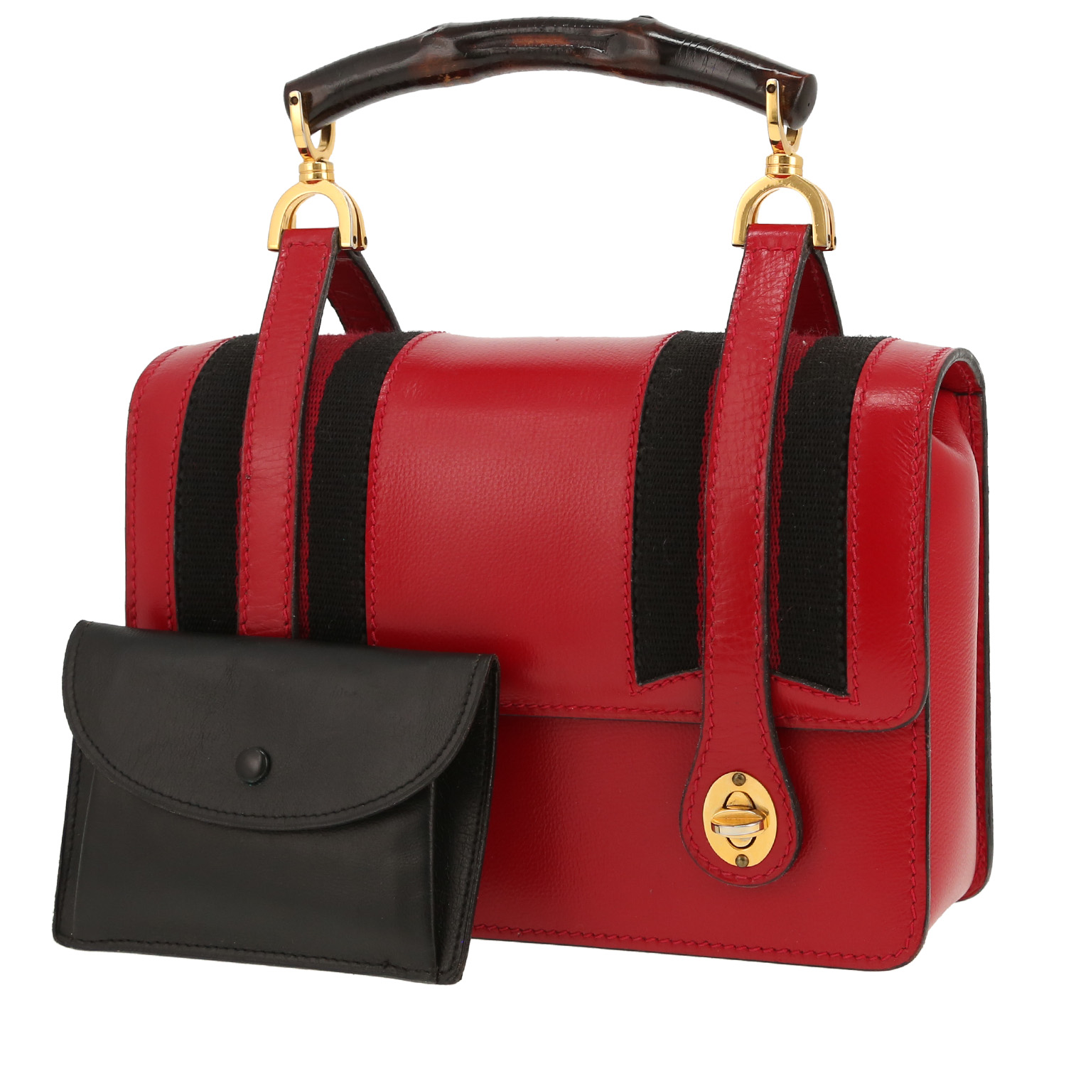 Sac à main Gucci   en cuir rouge et toile noire - Detail D4