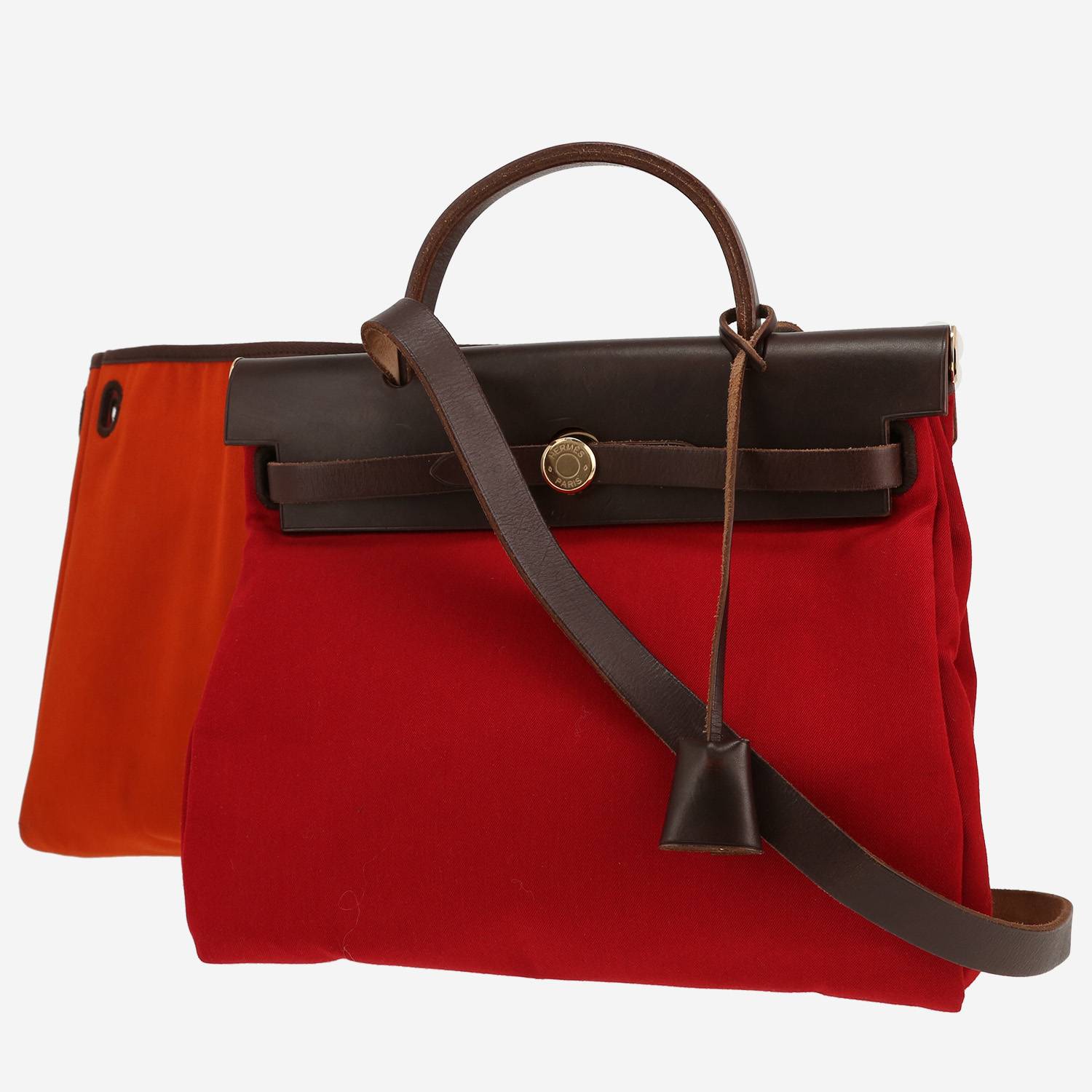 Sac porté épaule ou main Hermès  Herbag en toile rouge et cuir marron