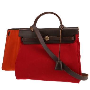 Borsa da spalla o a mano Hermès  Herbag in tela rossa e pelle marrone