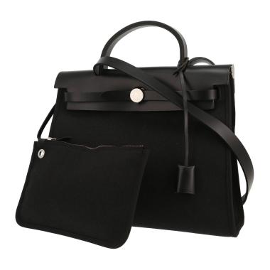 Sac porté épaule ou main Hermès  Herbag en toile noire et cuir noir