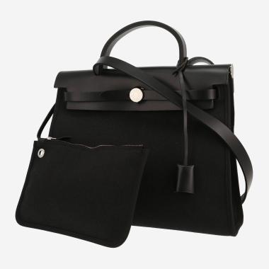 Sac porté épaule ou main Hermès  Herbag en toile noire et cuir noir