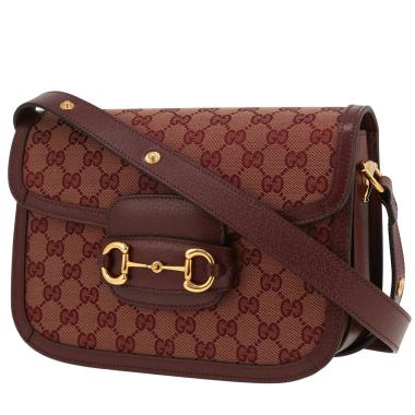 Gucci  1955 Horsebit shoulder bag  in burgundy "sûpreme GG" canvas  and burgundy leather