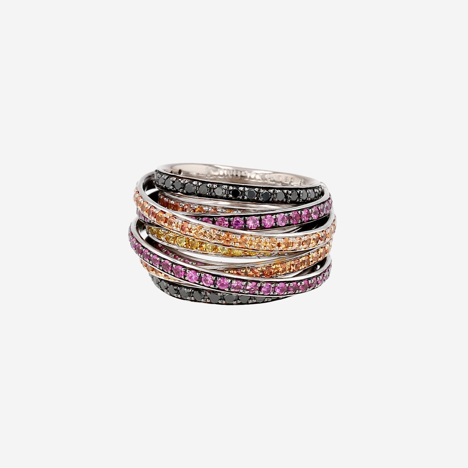 Bague De Grisogono Allegra grand modèle en or blanc, diamants noirs et saphirs de couleur