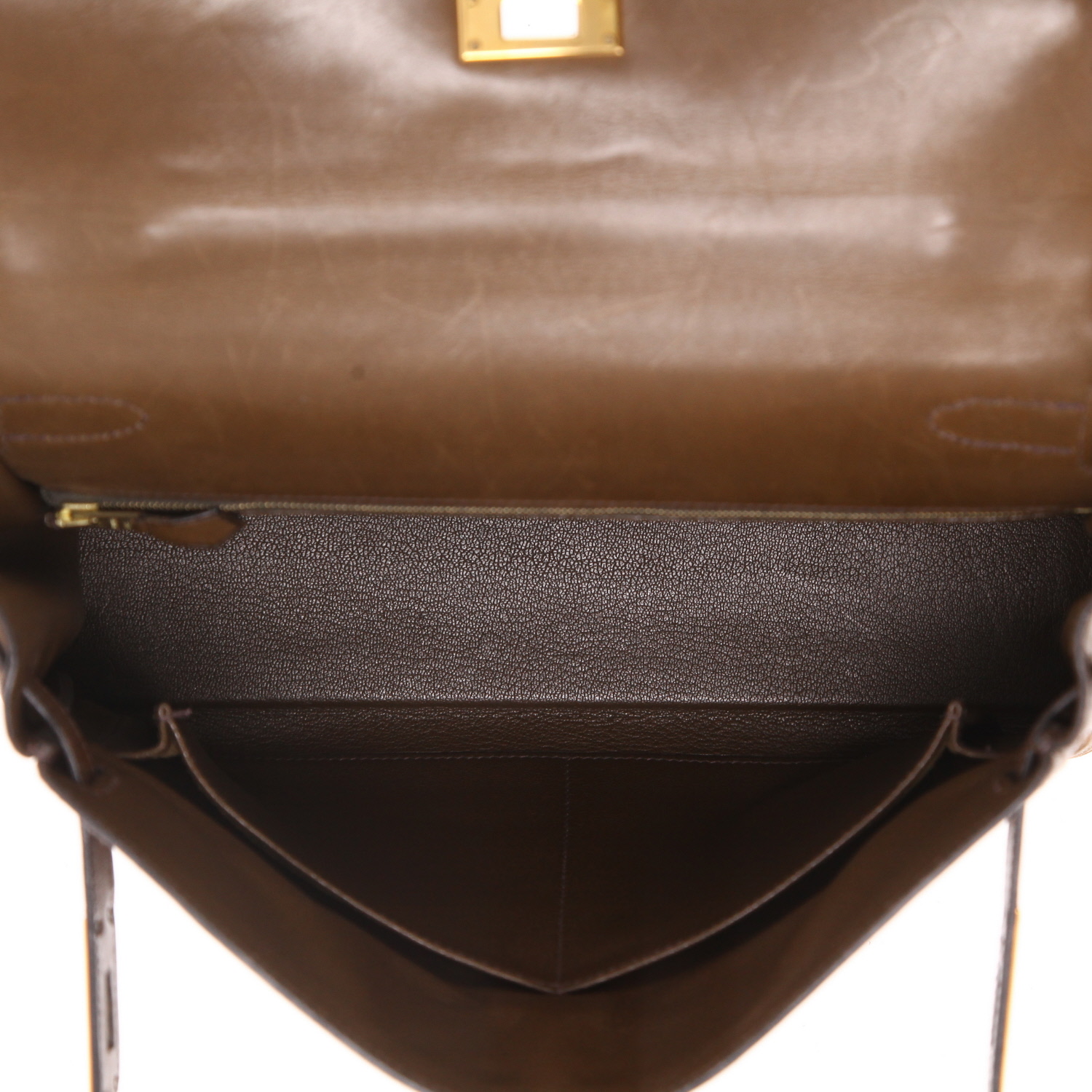 Bolso de mano Hermès  Kelly 32 cm en cuero Barenia verde aceituna y cuero vibrato - Detail D3