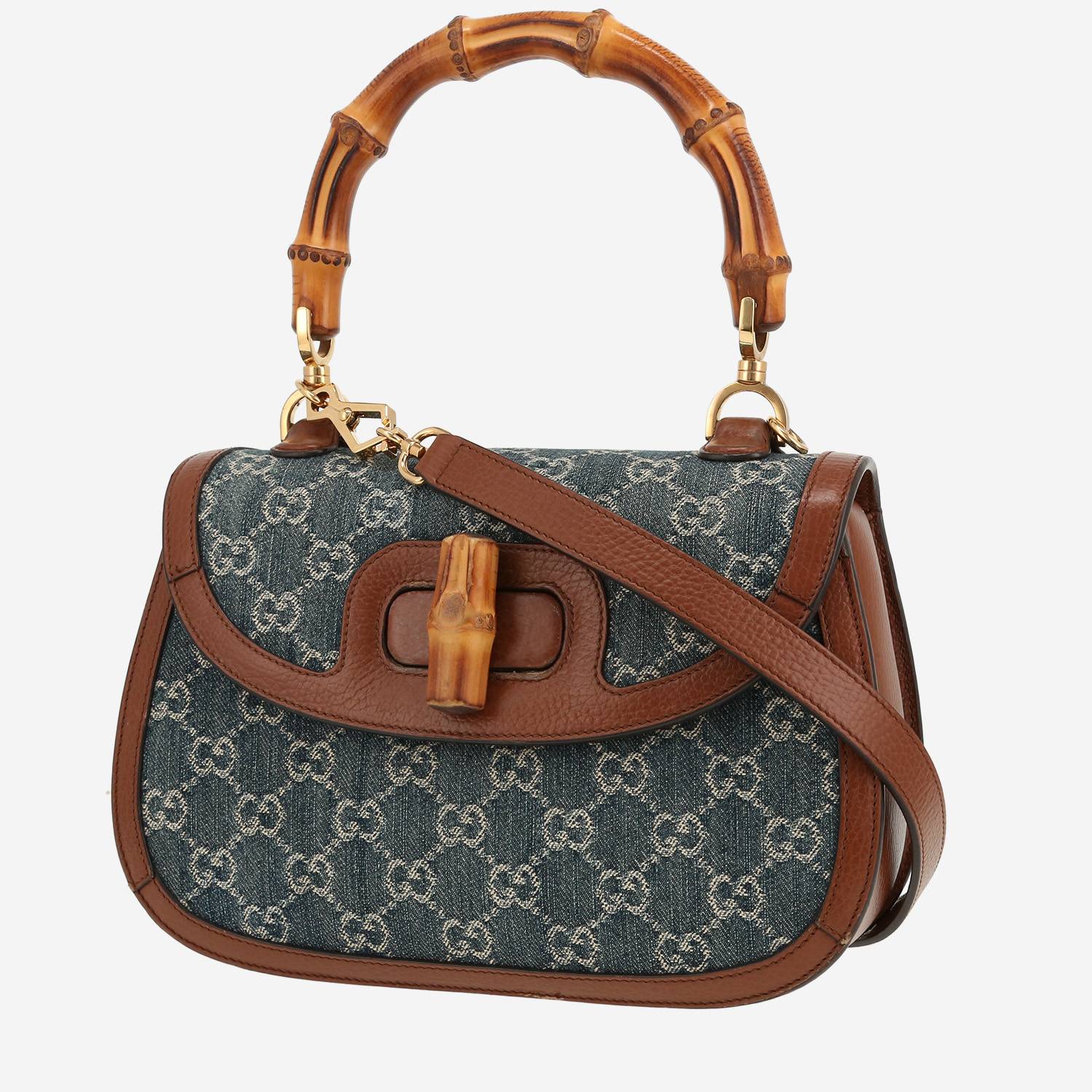 Bolso de mano Gucci  Bamboo en lona denim Monogram azul y cuero marrón