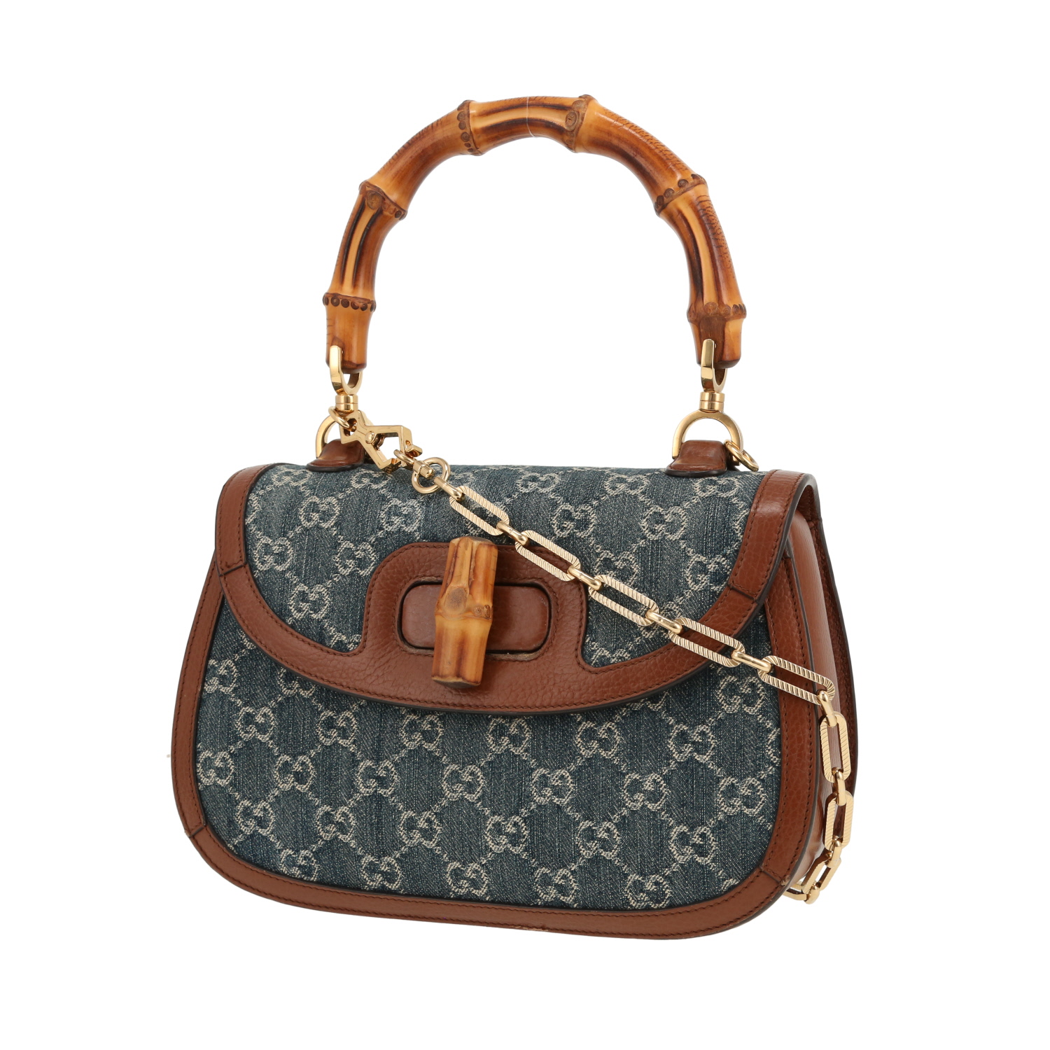 Sac à main Gucci  Bamboo en toile denim monogrammée bleue et cuir marron - Detail D4