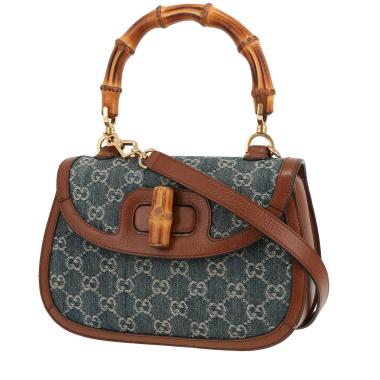 Sac à main Gucci  Bamboo en toile denim monogrammée bleue et cuir marron